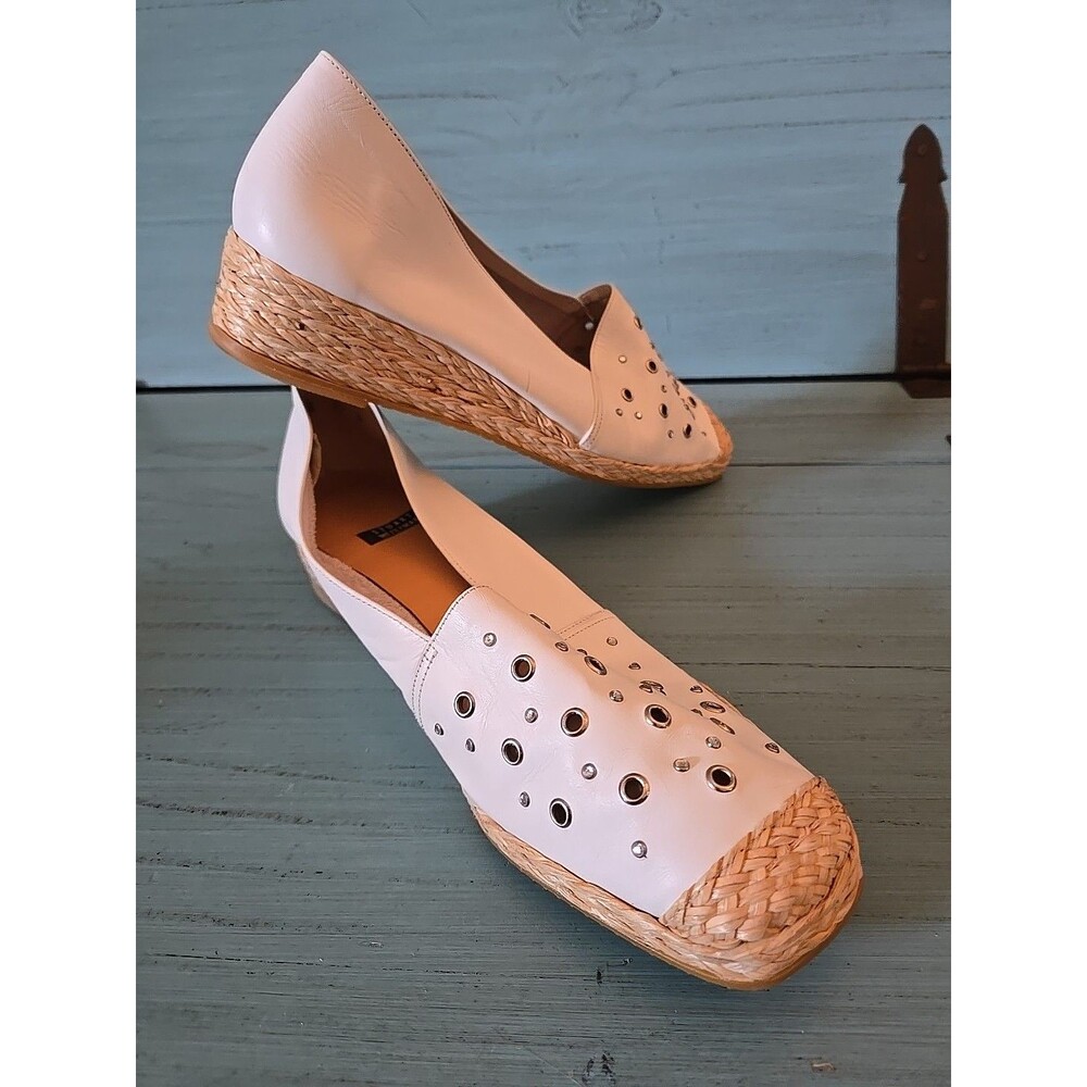 Stuart Weitzman Ivory Leather Espadrille Wedges with Braided Toe - Picture 4 of 8